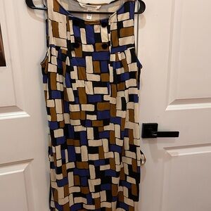 Diane Von Furstenberg Blue Tan Sheath Dress Sleeveless Scoop Neck Midi